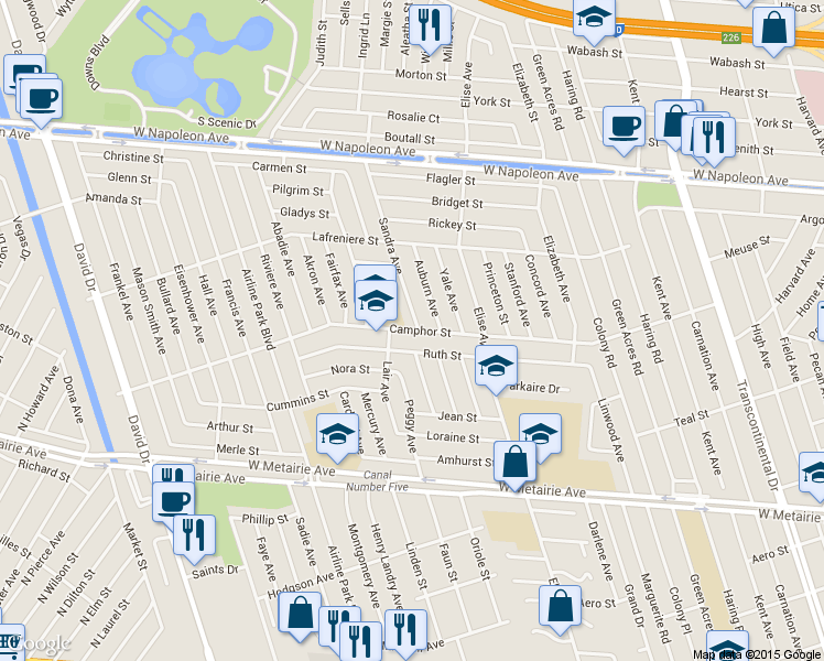 map of restaurants, bars, coffee shops, grocery stores, and more near 6120 Camphor Street in Metairie