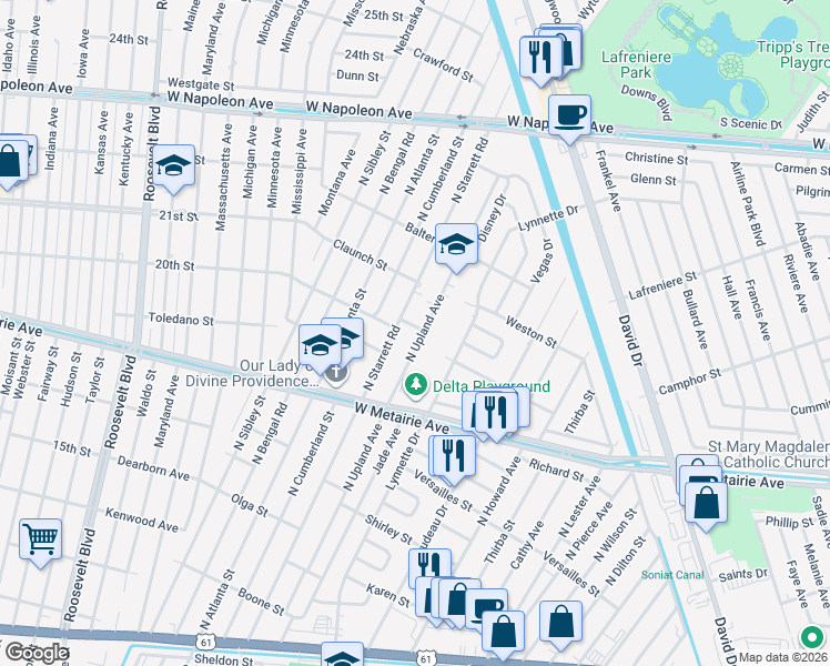 map of restaurants, bars, coffee shops, grocery stores, and more near 725 Jade Avenue in Metairie