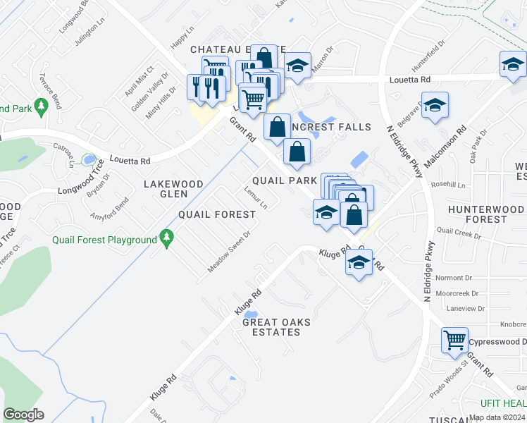 map of restaurants, bars, coffee shops, grocery stores, and more near 12927 Lemur Lane in Cypress