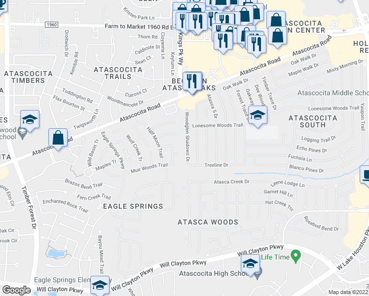 map of restaurants, bars, coffee shops, grocery stores, and more near 18711 Woodglen Shadows Drive in Humble