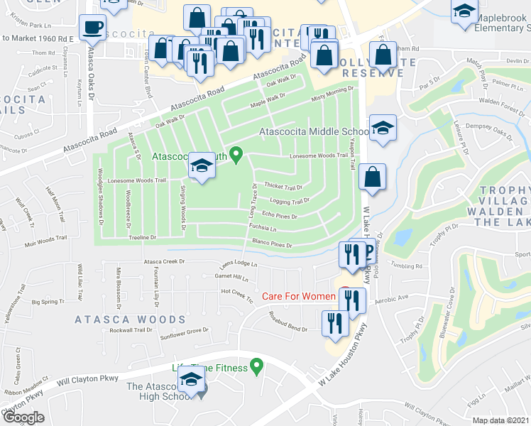 map of restaurants, bars, coffee shops, grocery stores, and more near 7219 Echo Pines Drive in Humble