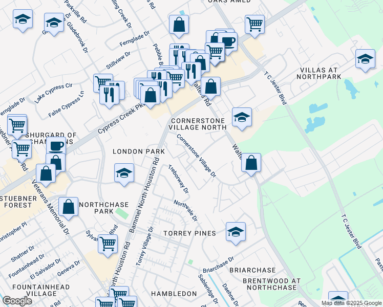 map of restaurants, bars, coffee shops, grocery stores, and more near 14441 Cornerstone Village Drive in Houston