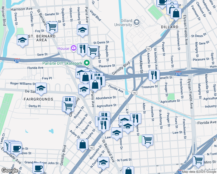 map of restaurants, bars, coffee shops, grocery stores, and more near 1688 Florida Avenue in New Orleans