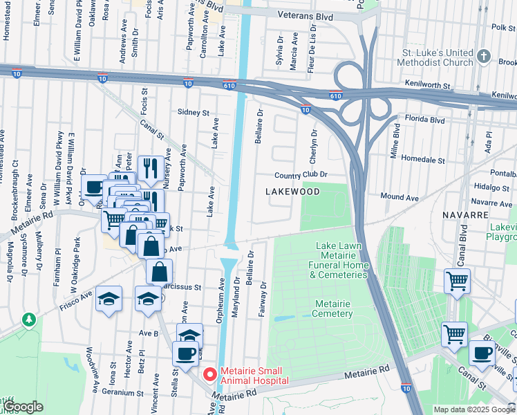 map of restaurants, bars, coffee shops, grocery stores, and more near 5424 Bellaire Drive in New Orleans