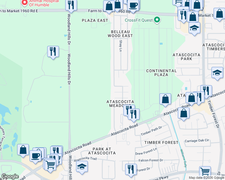 map of restaurants, bars, coffee shops, grocery stores, and more near 4907 Jasmine Meadows Lane in Humble