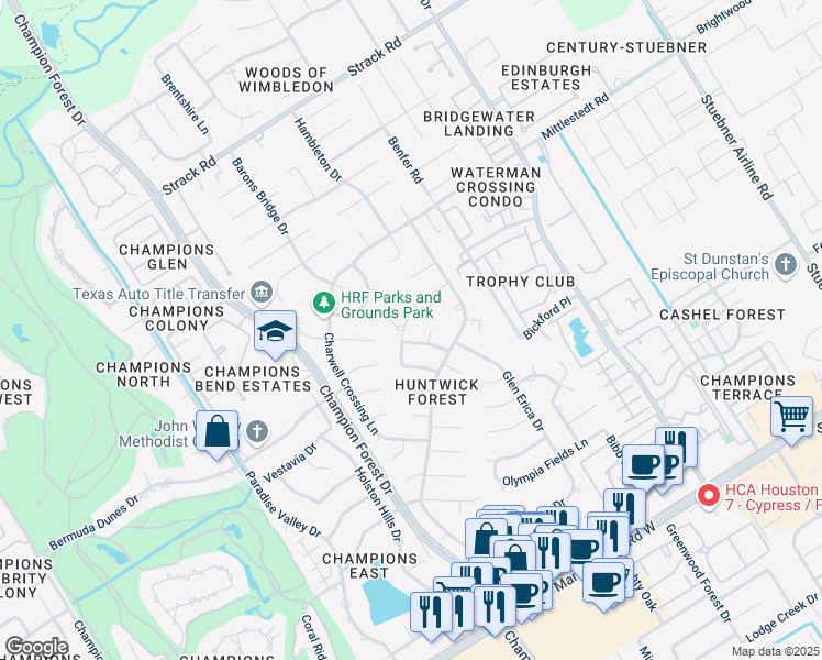 map of restaurants, bars, coffee shops, grocery stores, and more near 13610 Foxmoor Lane in Houston