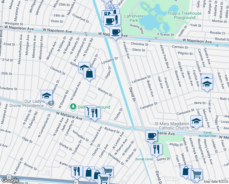 map of restaurants, bars, coffee shops, grocery stores, and more near 1212 Richmond Drive in Metairie