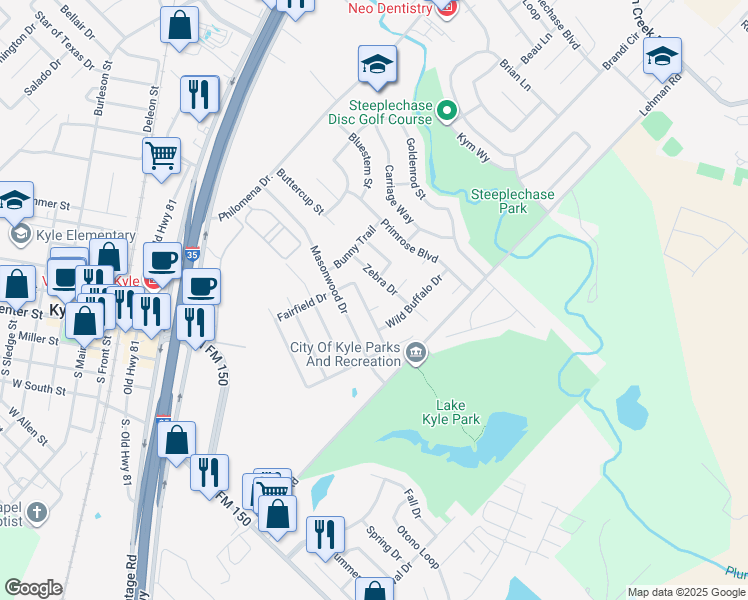 map of restaurants, bars, coffee shops, grocery stores, and more near 111 Dixie Cove in Kyle