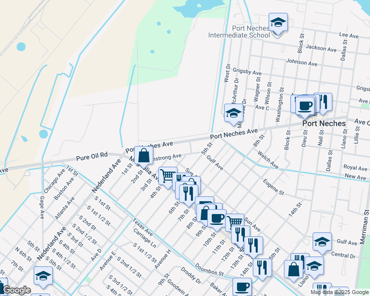 map of restaurants, bars, coffee shops, grocery stores, and more near 2100 Port Neches Avenue in Port Neches