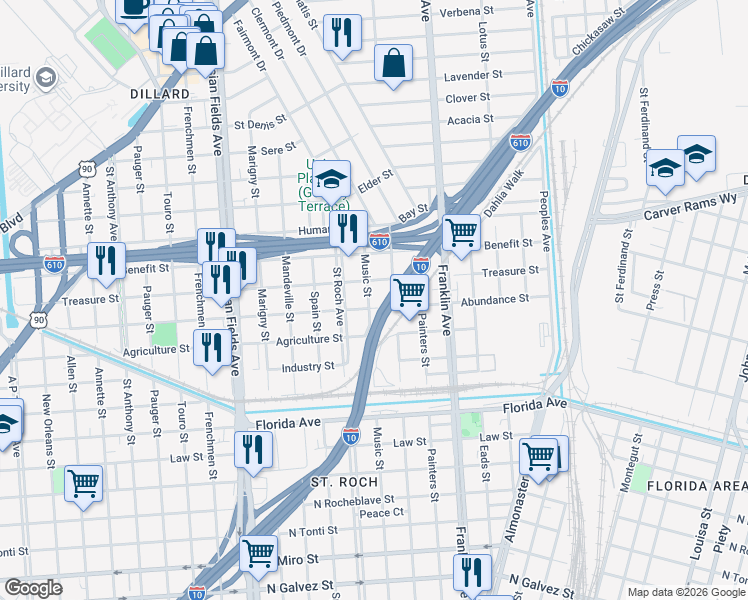 map of restaurants, bars, coffee shops, grocery stores, and more near 3013 Music Street in New Orleans