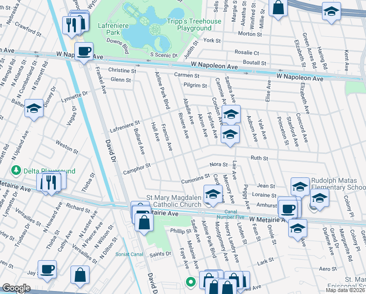 map of restaurants, bars, coffee shops, grocery stores, and more near 1509 Airline Park Boulevard in Metairie
