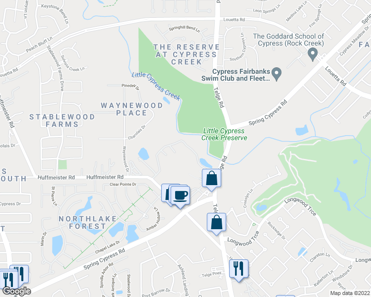 map of restaurants, bars, coffee shops, grocery stores, and more near 15213 Telge Road in Cypress