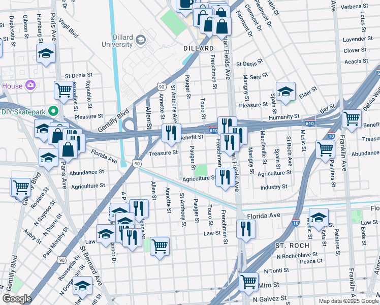 map of restaurants, bars, coffee shops, grocery stores, and more near 3045 Saint Anthony Avenue in New Orleans