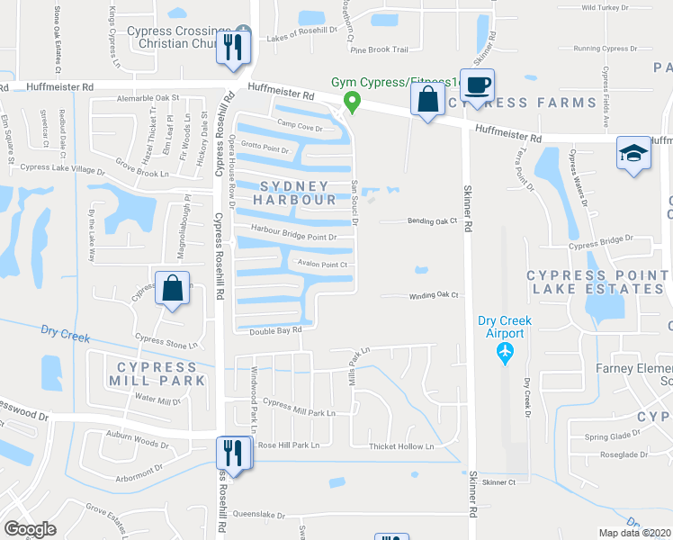 map of restaurants, bars, coffee shops, grocery stores, and more near 17819 Avalon Point Court in Cypress