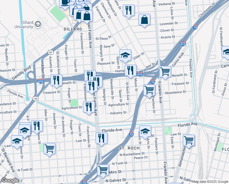 map of restaurants, bars, coffee shops, grocery stores, and more near 3013 Mandeville Street in New Orleans