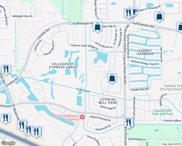 map of restaurants, bars, coffee shops, grocery stores, and more near 15003 By the Lake Way in Cypress