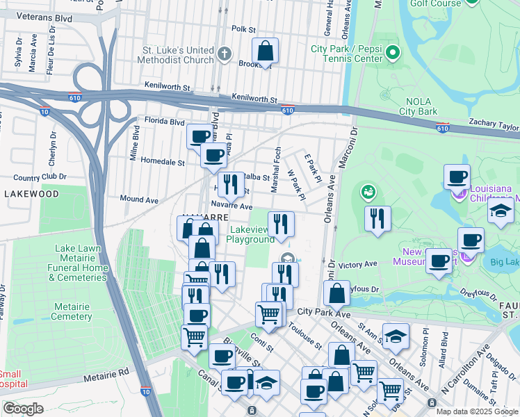 map of restaurants, bars, coffee shops, grocery stores, and more near 859 Navarre Avenue in New Orleans