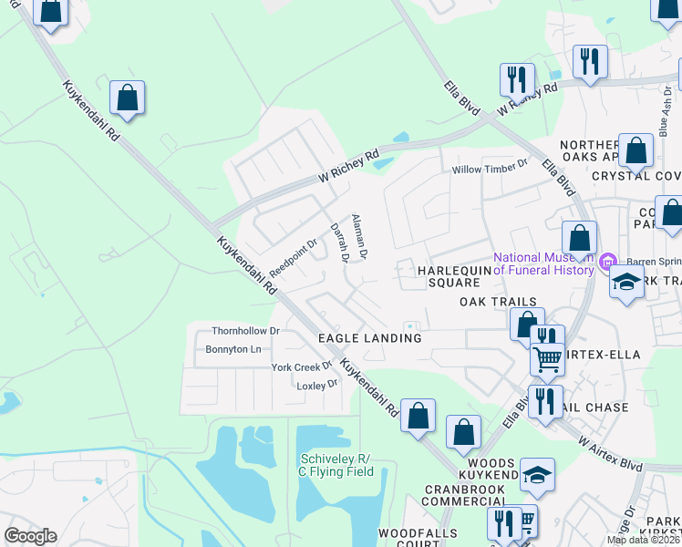 map of restaurants, bars, coffee shops, grocery stores, and more near 14219 Darrah Drive in Houston