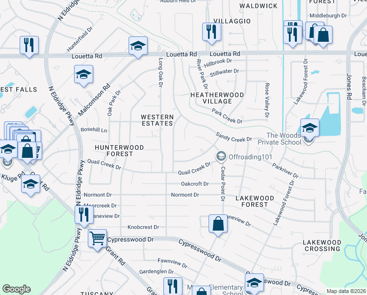 map of restaurants, bars, coffee shops, grocery stores, and more near 11926 Rocky Lake Drive in Houston