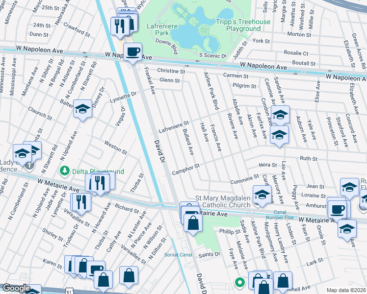map of restaurants, bars, coffee shops, grocery stores, and more near 1513 Mason Smith Avenue in Metairie