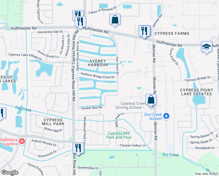 map of restaurants, bars, coffee shops, grocery stores, and more near 17827 Avalon Point Court in Cypress