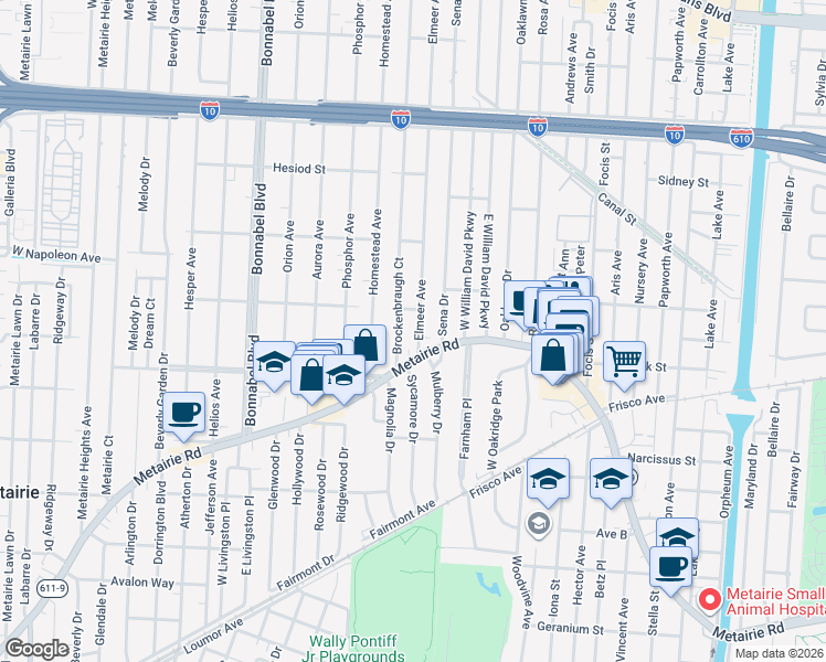 map of restaurants, bars, coffee shops, grocery stores, and more near 111 Elmeer Avenue in Metairie