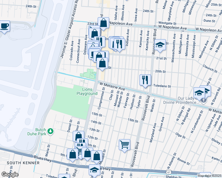 map of restaurants, bars, coffee shops, grocery stores, and more near 1811 Clay Street in Kenner