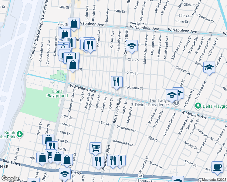 map of restaurants, bars, coffee shops, grocery stores, and more near 1903 Kentucky Avenue in Kenner