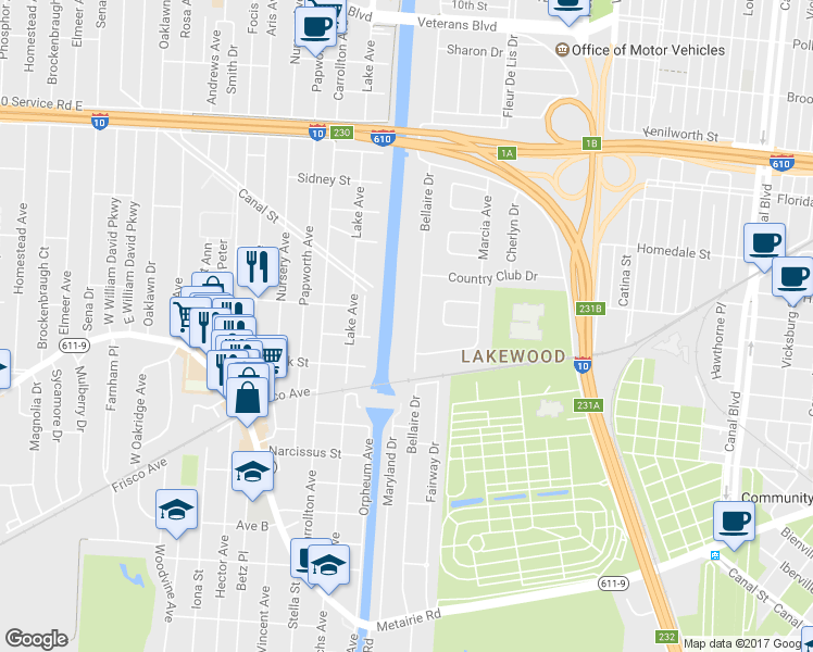 map of restaurants, bars, coffee shops, grocery stores, and more near 5424 Bellaire Drive in New Orleans