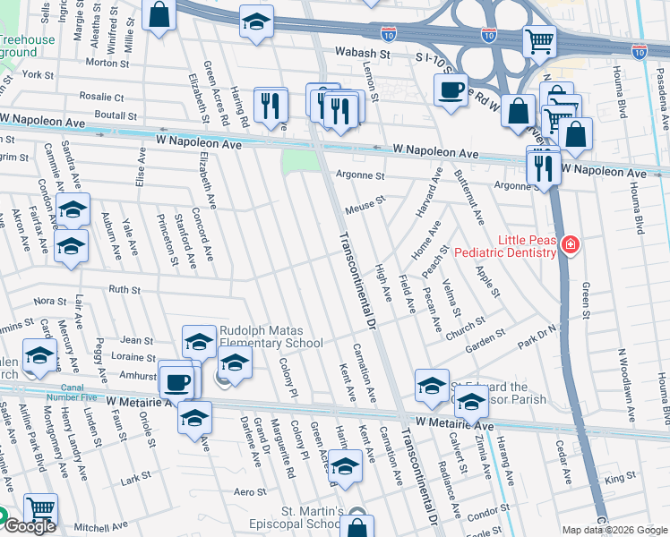 map of restaurants, bars, coffee shops, grocery stores, and more near 1511 Carnation Avenue in Metairie