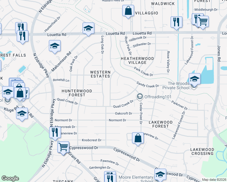 map of restaurants, bars, coffee shops, grocery stores, and more near 11926 Rocky Lake Drive in Houston