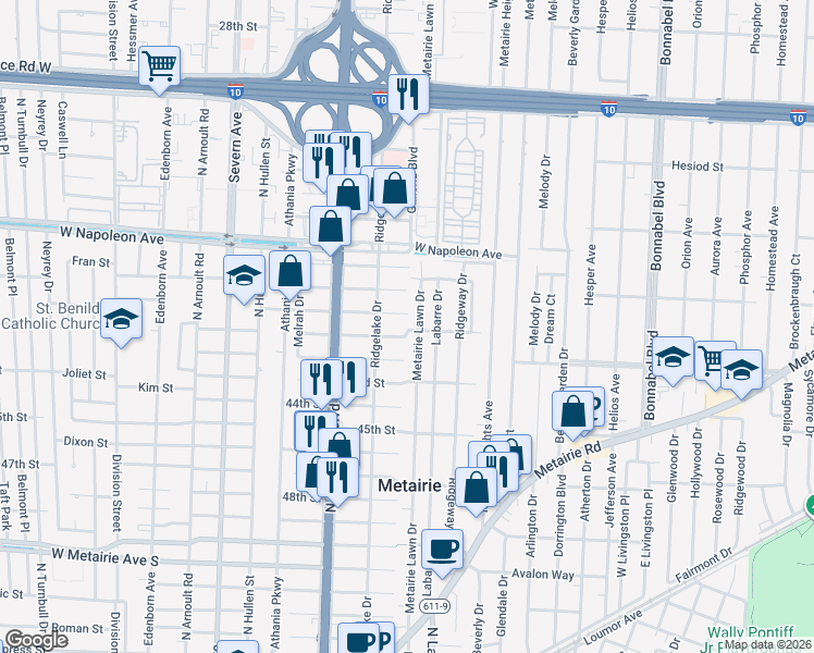 map of restaurants, bars, coffee shops, grocery stores, and more near 3005 41st Street in Metairie