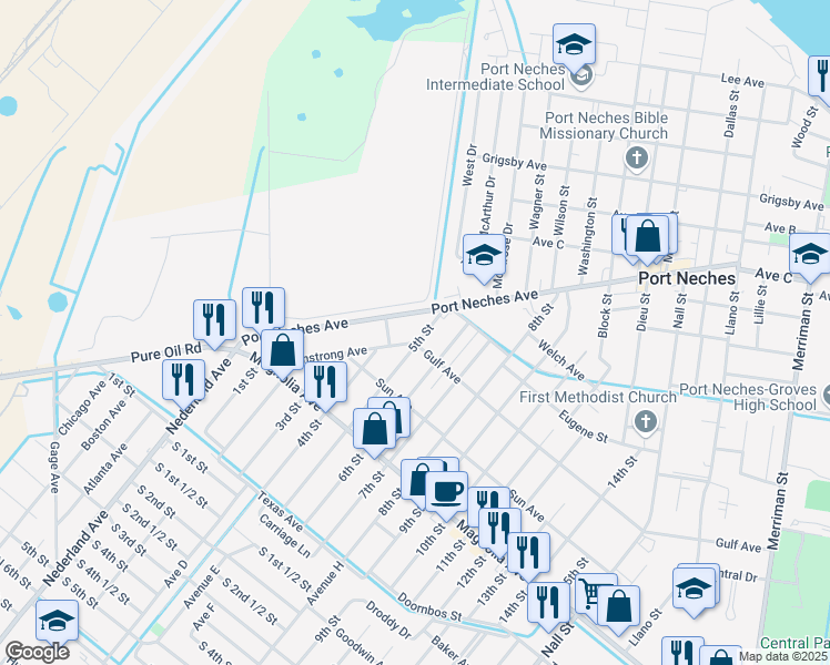 map of restaurants, bars, coffee shops, grocery stores, and more near 1918 5th Street in Port Neches