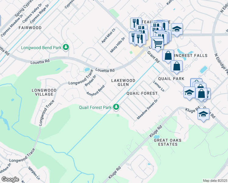 map of restaurants, bars, coffee shops, grocery stores, and more near 13110 Peach Meadow Drive in Cypress