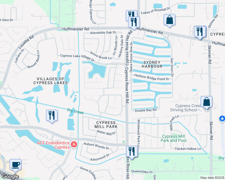 map of restaurants, bars, coffee shops, grocery stores, and more near 18307 Lodgepole Pine Street in Cypress