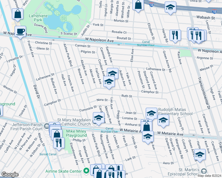 map of restaurants, bars, coffee shops, grocery stores, and more near 6201 Camphor Street in Metairie
