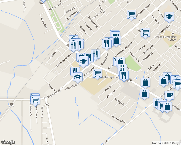 map of restaurants, bars, coffee shops, grocery stores, and more near 1320 Delasalle Dr in New Iberia