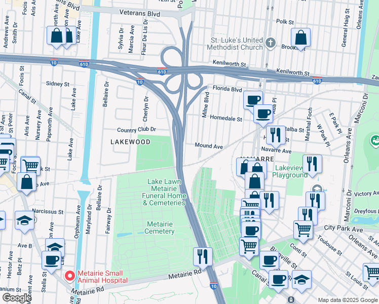 map of restaurants, bars, coffee shops, grocery stores, and more near 5443 West End Blvd in New Orleans