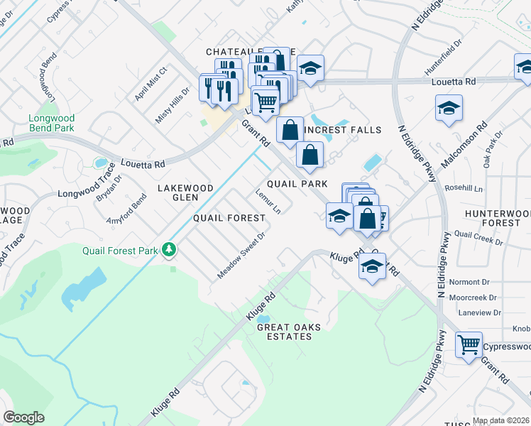 map of restaurants, bars, coffee shops, grocery stores, and more near 12914 Lake Mist Drive in Cypress