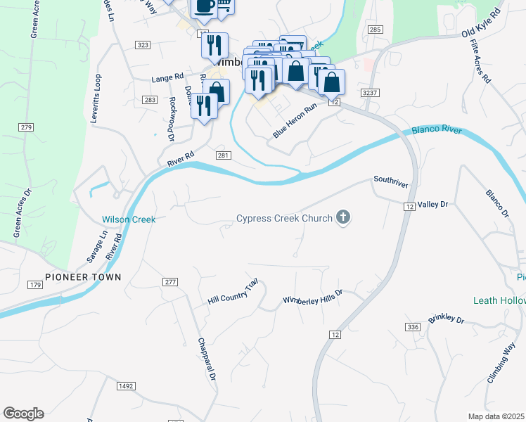 map of restaurants, bars, coffee shops, grocery stores, and more near 510 River Road in Wimberley