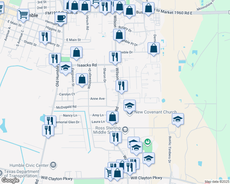map of restaurants, bars, coffee shops, grocery stores, and more near 718 Wilson Road in Humble