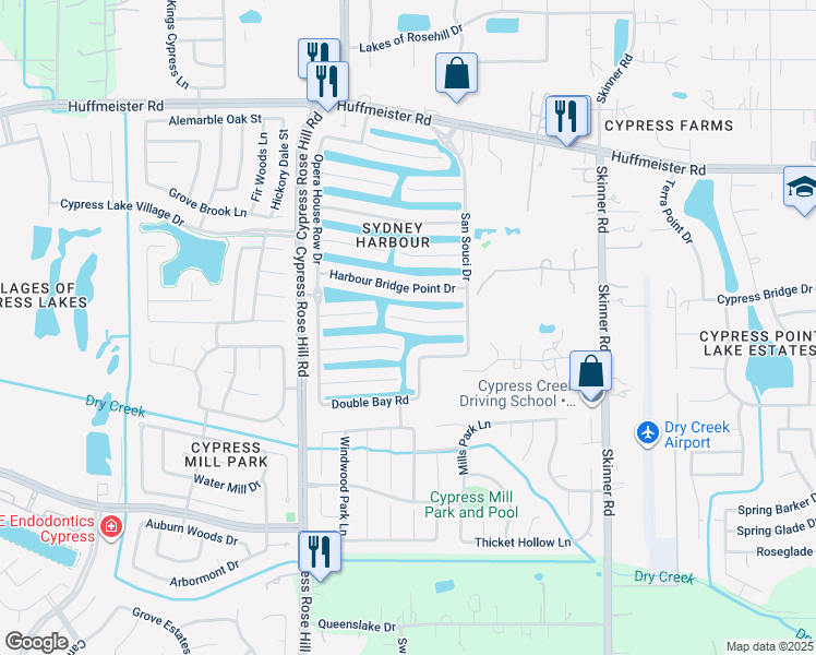 map of restaurants, bars, coffee shops, grocery stores, and more near 17915 Avalon Point Court in Cypress