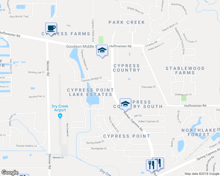 map of restaurants, bars, coffee shops, grocery stores, and more near 16506 Barker Ranch Court in Cypress