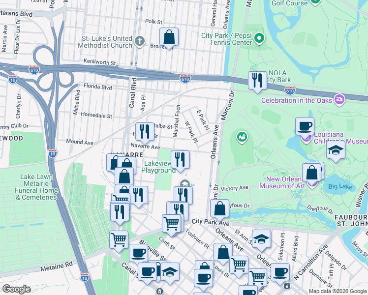 map of restaurants, bars, coffee shops, grocery stores, and more near 917 Navarre Avenue in New Orleans