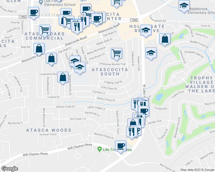 map of restaurants, bars, coffee shops, grocery stores, and more near 7227 Echo Pines Drive in Humble