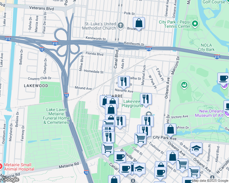map of restaurants, bars, coffee shops, grocery stores, and more near 5495 Canal Boulevard in New Orleans