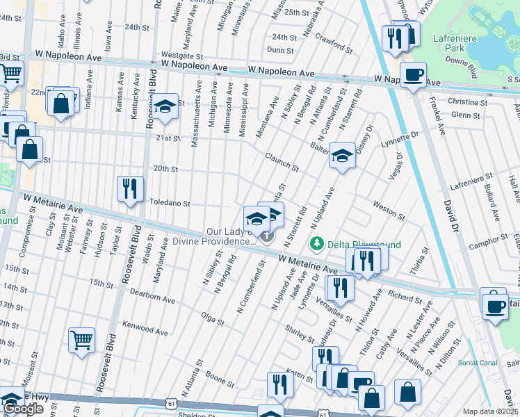 map of restaurants, bars, coffee shops, grocery stores, and more near 509 North Dilton Street in Metairie
