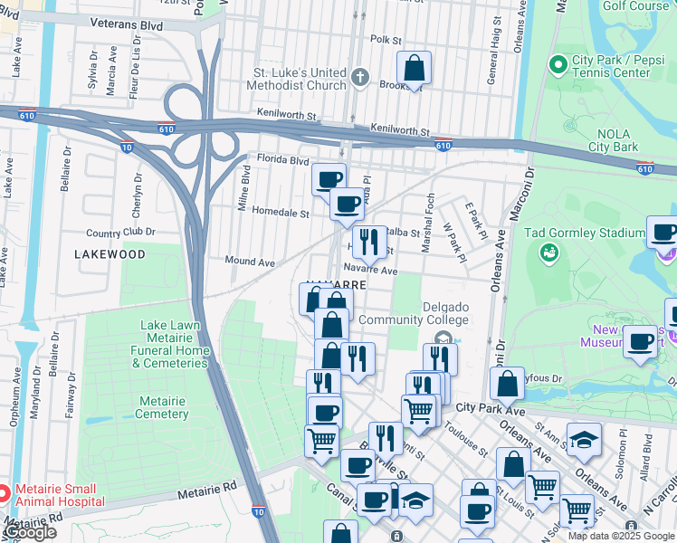 map of restaurants, bars, coffee shops, grocery stores, and more near 5495 Canal Boulevard in New Orleans