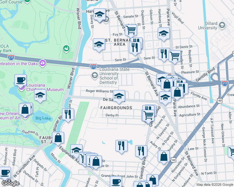 map of restaurants, bars, coffee shops, grocery stores, and more near 3338 Roger Williams Street in New Orleans