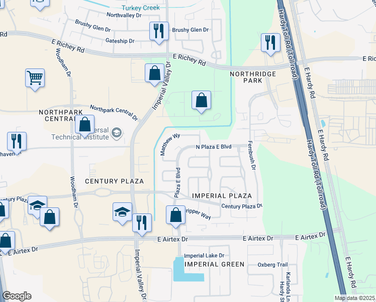 map of restaurants, bars, coffee shops, grocery stores, and more near 1002 North Plaza East Boulevard in Houston
